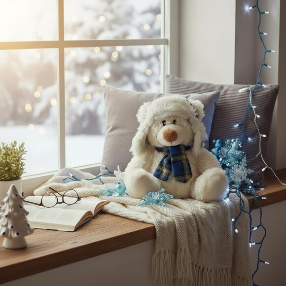🎄 ❄️Plush Winter Teddy Bear 🧸 Blue Plaid Hat & Scarf ✨ 8" Holiday Decor - Picture 1 of 10